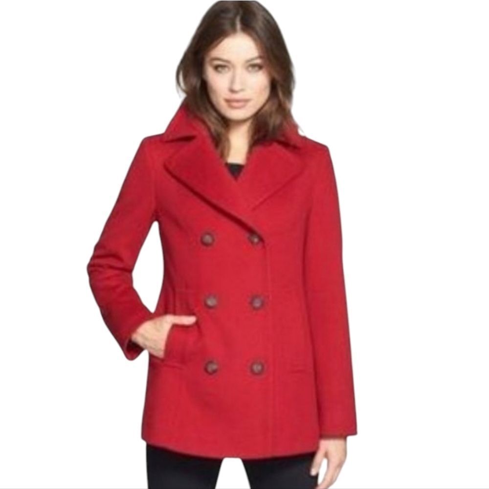Fleurette Italian Wool Loro Piana Double Breasted Peacoat Red Size 6